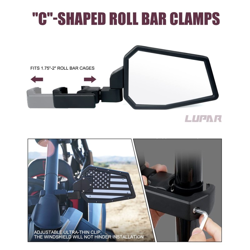 Aluminum UTV Side Mirrors Fits 1.75"-2" Roll Cage Bar America