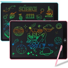 Damcyer 2 Pack 15 Inch LCD Writing Board Children, LCD Magic Board with Animal Stickers, Reusable Drawing Tablet for Children and Adults, Birthday Gifts, Toy, Blue + Pink