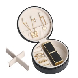 MAYCARI Portable Mini Jewelry Box for Girls Round Pu Leather Travel Jewelry Case for Pendant, Earring, Necklace, Ring Jewelry Gift Storage Organizer for Women (Black)