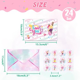 WERNNSAI Ice Cream Thank You Cards - 24 PCS Thank You Cards with Envelopes Stickers for Girls Kids Ice Cream Party Supplies Appreciation Thank You Notes for Summer Birthday Party Graduation