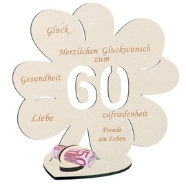 PAMPAS Damen/Herren 60 Geburtstagsgeschenk Goldhochzeit Jubiläumspaar Jähriges Jubiläum Vierblättriges Kleeblatt mit Gravur aus Holz Segenswunsch Digitales Gästebuch aus Holz mit Ständer