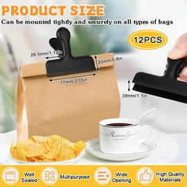 VGECEE Pack of 12 Sealing Clips Made of Rustproof Stainless Steel Bags Sealing Clips Large 77 mm Bulldog Hinge Pictures Clips Letter Clips Black & Silver Clips for Bags Food and Photo
