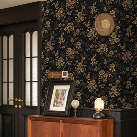 Cohoo Home Black Gold Peel and Stick Wallpaper Floral Flower Gold Contact Paper for cabinets Mural Moody Vintage Self-Adhesive Removable Wallpaper for Bedroom Bathroom Waterproof Dark 17.3inW 78.7inL