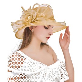 Z&X Organza Church Fascinator Wedding Tea Party Derby Hats for Women Flower Wide Brim Sun Hat Khaki