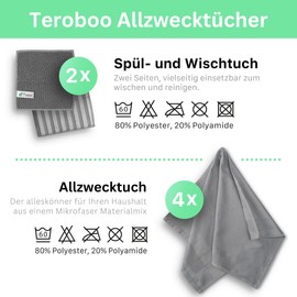 Teroboo® Microfibre All-Purpose Cloths Set of 6 - Consisting of 4 x Microfibre All-Purpose Cloths and 2 x Washing Up Sponge, Absorbent and Streak-free Cleaning Cloths for Drying or Polishing