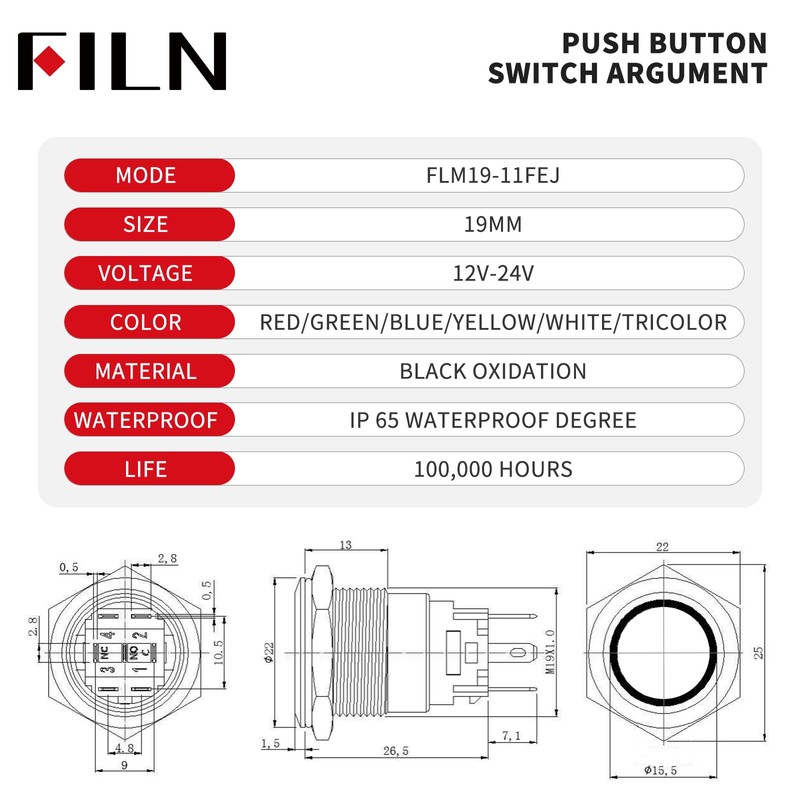 FILN 2PCS 19mm (3/4'') Momentary Push Button Switch 12V 24VDC