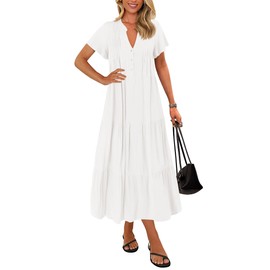 KIRUNDO Summer Maxi Dresses for Women 2025 Spring Fashion Short Sleeve Button V Neck Pleated Loose Tiered Swing Flowy Dress(White, Medium)