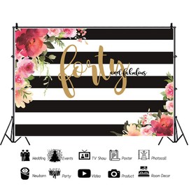 OERJU Forty and Fabulous Backdrop Black and White Stripe 40th Birthday Photography Backdrop Pink Floral Flowers Women Happy 40th Birthday Party Decoration Background Shoot Vinyl Studio Prop 6x4ft