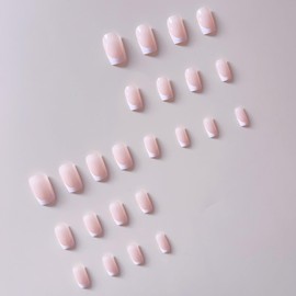 24pcs False Nails French Tip - Fake Nails with Glue - Nude Press on nails French Tip - Medium Stick on Nails - 12 Size Full Cover Square Nail Tips and Glue for Women DIY Manicure