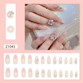CJDLTS 24Pcs Rhinestones Press on Nails Medium Almond Shaped Pink French Tip Acrylic False Nail Pearl Diamond and Lines Pattern Design Full Cover Artificial Fingernails DIY Glue on Nails for Women