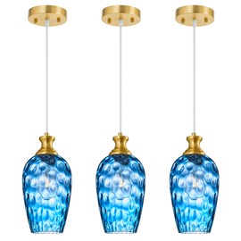 LBSQJ Glass Pendant Lights Kitchen Island 3 Pack 5.9" Blue Hammered Glass Pendant Light Gold Kitchen Pendant Lighting Over Sink Modern Bedroom Dining Room Hanging Light Fixture