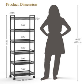 6 Tier Silm Rolling Storage Cart, Narrow Mobile Shelving Unit Organizer Utility Cart with Wheels, Metal Wire Storage Rack with Baskets for Kitchen, Bathroom, Laundry, Living Room & Narrow Spaces