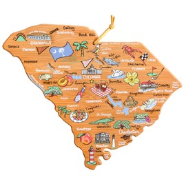 Totally Bamboo South Carolina State Shaped Cutting Board and Charcuterie Serving Platter with Artwork by Fish Kiss, Includes Hang Tie for Wall Display
