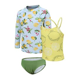 Zestonie Big Girls 3 Piece Swimsuits Set Long Sleeve Rash Guard Tankini Bathing Suits for Girls Beach Swimwear Set Lemon Size 12/10-12 Years