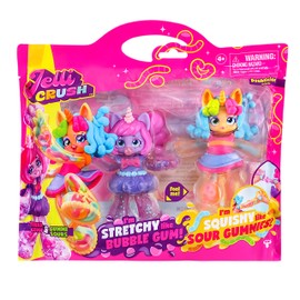 Jelli Crush 18508 Doublicious 2 Pack, Bubba Gumm and Gummi Sours, Squishy, Smooshy, Stretchy Candy Unicorn Themed Dolls with Unique Charms Inside