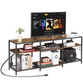 VECELO TV Stand with Power Outlets for 70 Inches Televisions, Modern Entertainment Center with Open Storage Shelves, 3-Tier Console Table for Living Room, Bedroom, Brown