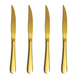 Gold Steak Knife Set, Kyrtaon Golden Serrated Knife, Titanium Gold Plating Stainless Steel Sharp Knives Set, Dinner Knifes Set of 4, Dishwasher Safe Sturdy And Easy To Clean