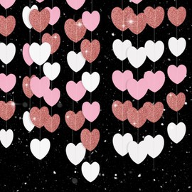 jijAcraft White Rose-Gold Pink Heart Garland Party Decorations, 52 Feet Glitter Heart Streamers Garland Banner for Bridal Shower, Engagement, Bachelorette, Home Decor, Wedding, Birthday Party