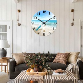 XNM Oversized Wall Clock for Bedroom 24 Inch Round Silent Wall Clock Battery Operated Glass Beach Blue Clock for Wall