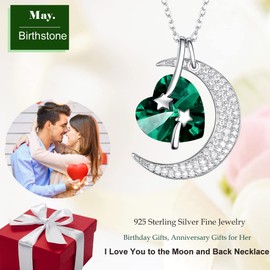 May Birthstone Sterling Silver Emerald Necklace Women Birthday Gifts Mom I Love You to the Moon and Back Jewelry Half Moon Shooting Star Pendant