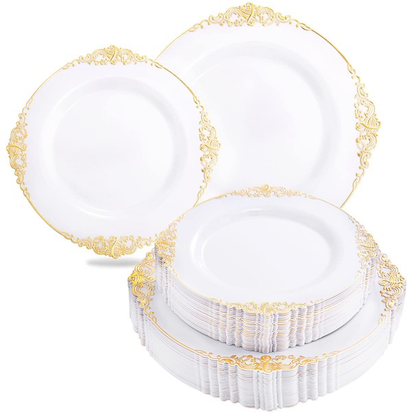Liacere 60 Pack Gold Plastic Plates - White and Gold Disposable Plates include 30PCS 10.25inch Gold Dinner Plates, 30PCS 7.5inch Gold Dessert Plates for Party & Wedding