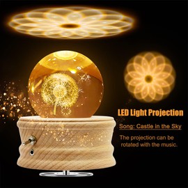 BUOTAU Music Box for Adults, 3D Crystal Ball Music Box, 360° Luminous Rotating Music Box with Light Projection and Wooden Base, Suitable for Children, Wives, Mothers, Creative Decoration Gifts