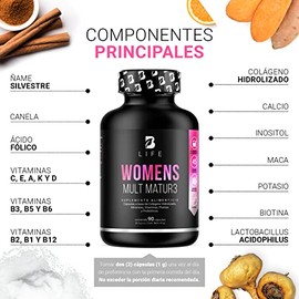 B Life Company Multivitamínico para Mujer Mayor de 40 años con 90 Cápsulas. Ingredientes naturales: Colágeno, Inositol, Maca, Probioticos. Womens Mult