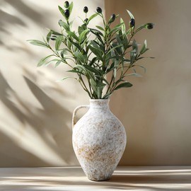 Vintage Ceramic Vase with Fake Olive Branches, Farmhouse White Vase with 2Pcs Faux Olive Plant Greenery for Home Bedroom Living Room Side Table Entryway Dining Table Decor