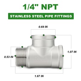 TAISHER 2PCS 304 Stainless Steel Tee Pipe Fittings, 1/4" NPT Female x 1/4" NPT Female x 1/4" NPT Male Pipe Fittings, Male Run Tee