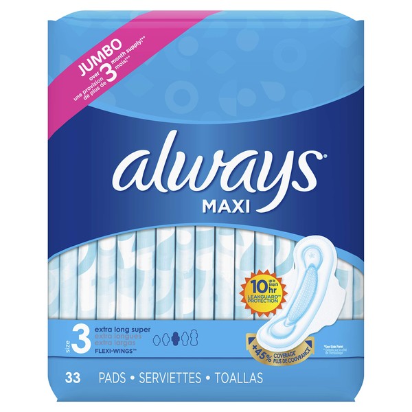 Always Maxi Size 3 Feminine Pads with Wings, Extra Long Super Absorbency, Unscented, 33 Count