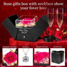 Preserved Dark Pink Real Rose with Heart I Love You Necklace -Eternal Flowers Rose Birthday Gifts for Women Her Mom Wife Girlfriend Grandma on Valentines Mothers Day Christmas Anniversary Romantic