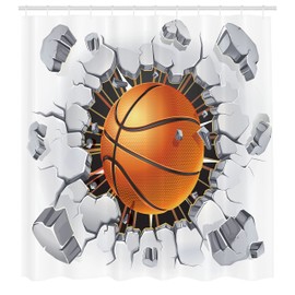 Ambesonne Deportes Cortina de Baño, Baloncesto Romper el Muro, Paño Conjunto de Decoración de Baño de Tela y Ganchos, 84" Extra Alta, Pale Grey Naranja Negro