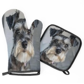 Tablerazzi Cute Schnauzer Dog Oven Mitts and Pot Holder Set of 2, Kitchen Heat Insulation Pads Non-Slip Potholders Baking Gloves for BBQ Cooking Baking
