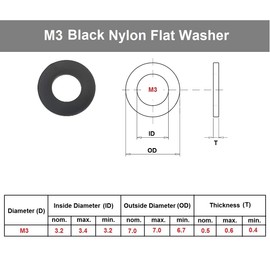 TERF® M3 Nylon Flat Washers 3mm ID x 7mm OD x 0.5mm D x 50 Black (Pack of 50)
