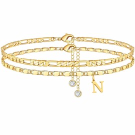Women's letter Layered waterproof anklet, 14k gold plated layered anklet set, letter anklet waterproof, summer gift (N)
