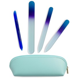 Alban Czech Glass Nail File Set with Manicure Stick & Vegan Leather Cosmetic Case (Royal Blue & Purple Nail Files, Royal Manicure Stick & Light Blue Cosmetic Case)