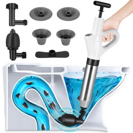 Toilet Plunger, High Pressure Toilet Unblocker, Heavy Duty Drain Unblocker Kit with A Holder and 4 Replaceable Heads for Unblocking Toilets, Sink, Shower, Bathtub, Floor, Drain And Pipe Clog (White)