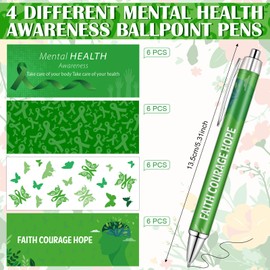 Haishell 24 Pcs Mental Health Awareness Pens Green Ribbon Retractable Ballpoint Pen Set Faith Courage Hope for Women Men Classroom Charity Volunteers Activities Writing Supplies