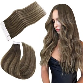 Easyouth Tape in Hair Extensions Tape in Real Hair Balayage Brown Glue in Extensions Invisible Tape in Human Hair Extensions Ombre Brown Tape in Extensions 50g 20Pcs 20 Inch