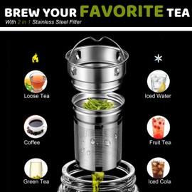 Pauzema Tea Tumbler with Infuser, 34oz Tea Bottle with 2 in1 Infuser, Large Double Wall Borosilicate Glass Tea Bottle 100% Leak-Proof with Stainless Steel Filter