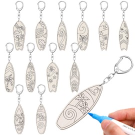 RattanView 24 Pcs Surfboard Craft Color Your Own Keychains Diy Craft Wooden Blank Keychains for Sunday School Classroom Home Active Party Favors Gifts, 12 Styles