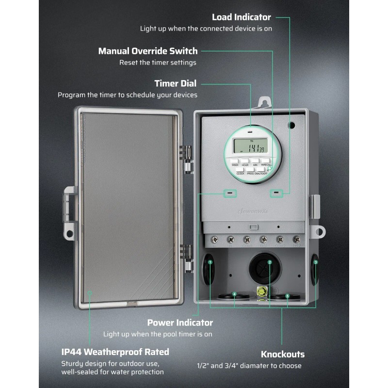DEWENWILS Pool Pump Timer, Outdoor Digital Timer Box 2HP 40A