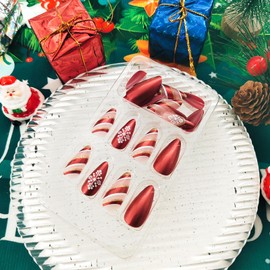 Christmas Press on Nails Almond Medium Red French Tip Fake Nails with Glitter Xmas Snowflake Stripe Designs Glossy Acrylic Nails Press ons Red Full Cover Stick Glue on Nails for Women 24 Pcs