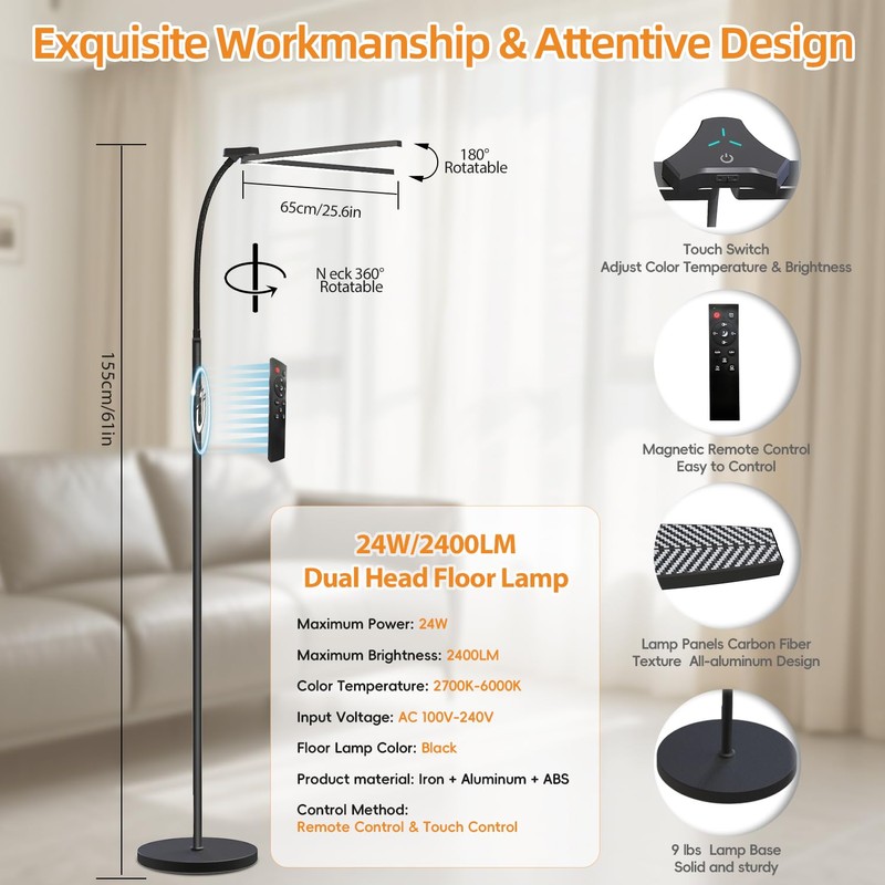 StarMoitic 24W/2400LM Dual Head LED Floor Lamp for Office, Ultra