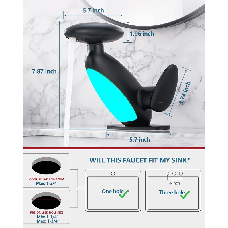 Pull Out LED Bathroom Faucet, 4 Modes Single Handle Waterfall