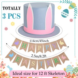 Skicuff 12 ft Skeleton Easter Bunny Costume Kit, Rabbit Hat and Happy Easter Burlap Banner Costume Accessories for 12 ft Skeleton Outfit Spring Holiday Outdoor Decoration