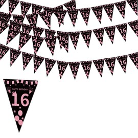 Flomiara Black Pink Party Decorations birthday bunting, Happy Banner Bunting Flags, 36 Pieces Triangle Pink Black Glitter Diamond by Numbers 16th Birthday Anniversary Theme Party Decoration Supplies