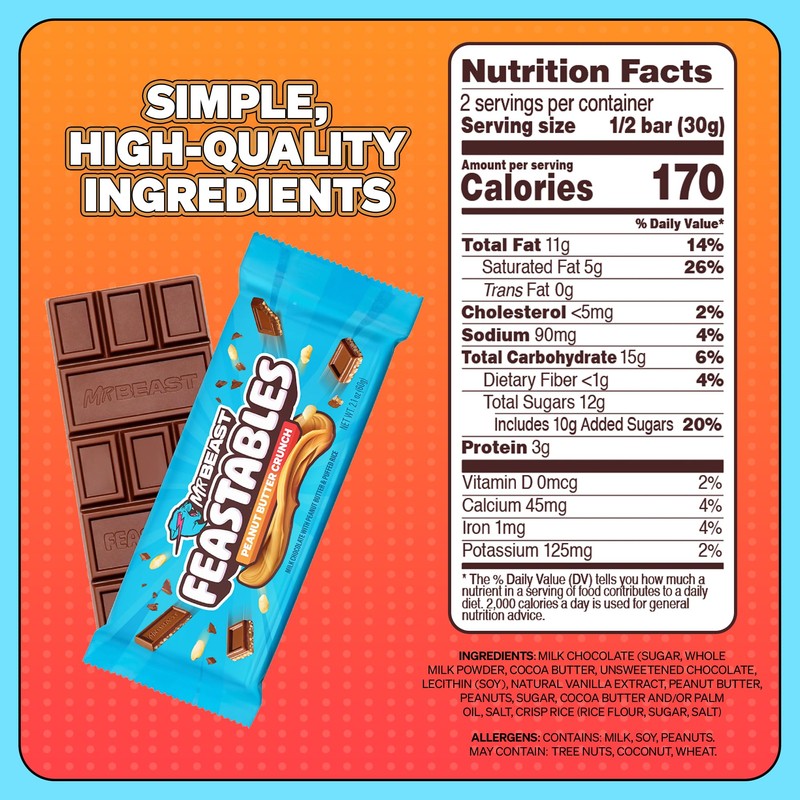 Feastables Peanut Butter Milk Chocolate Crunch KING Size Chocolate Bar,