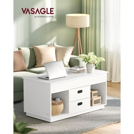 VASAGLE Coffee Table, Lift Top Coffee Table with 2 Drawers and Hidden Compartments, Center Table with Lift Tabletop, Open Compartments, for Living Room, Home Office, Snow White ULCT210W01