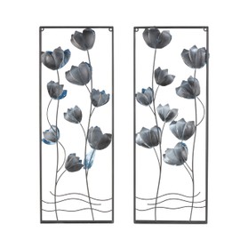 Deco 79 Metal Floral Living Room Wall Decor Canvas Wall Art with Black Metal Stems and Frame, Set of 2 Wall Art 12" W, 32" H, Blue